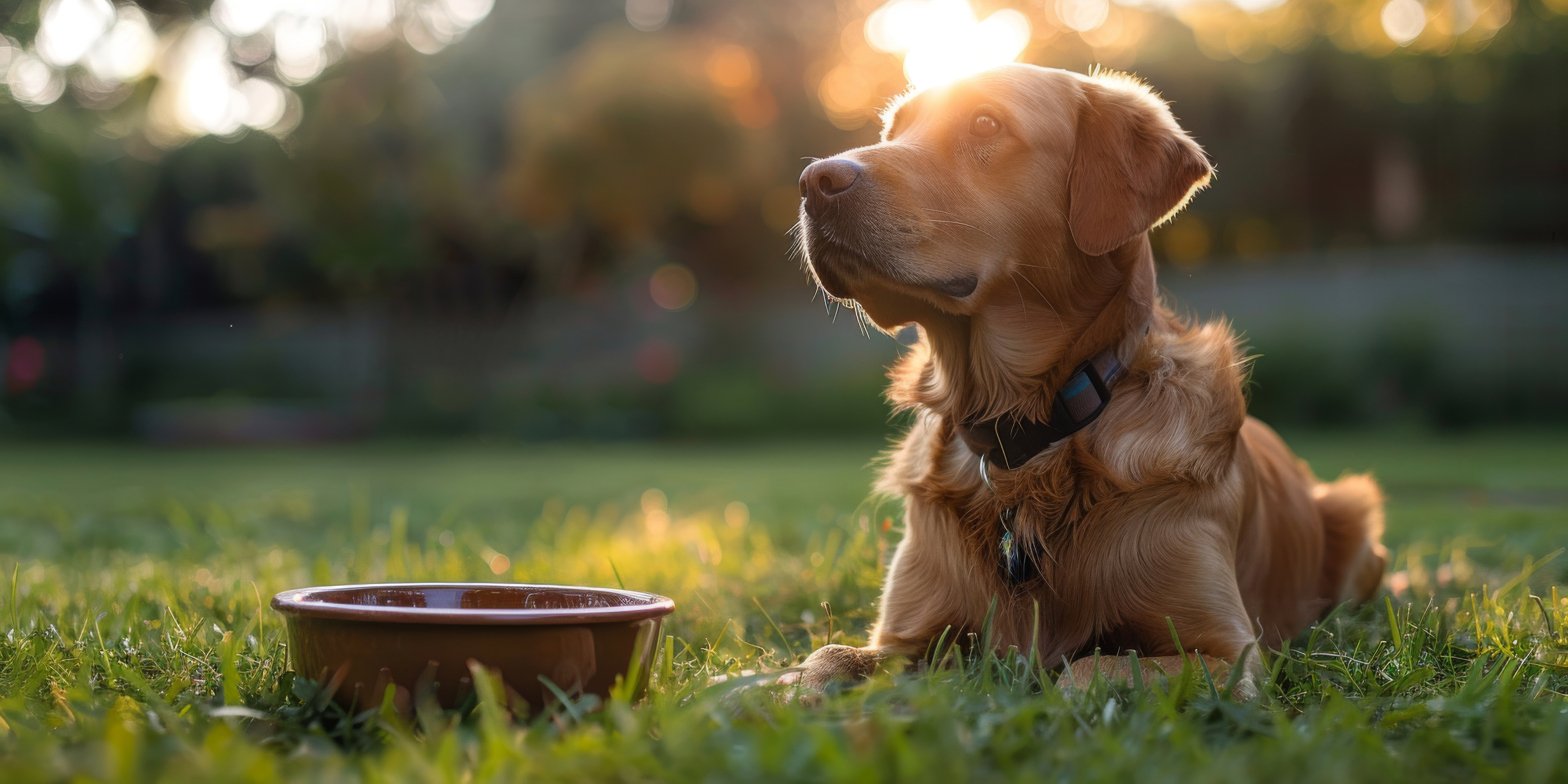 Golden Retriever Enjoying a Sunset Meal in a Lush Garden